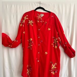 Fig & Flower Red Embroidered Boho Top 2X Floral Festival Blouse Plus Size